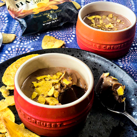 Chocolate Pots with Salted Caramel & Plantain Crisps